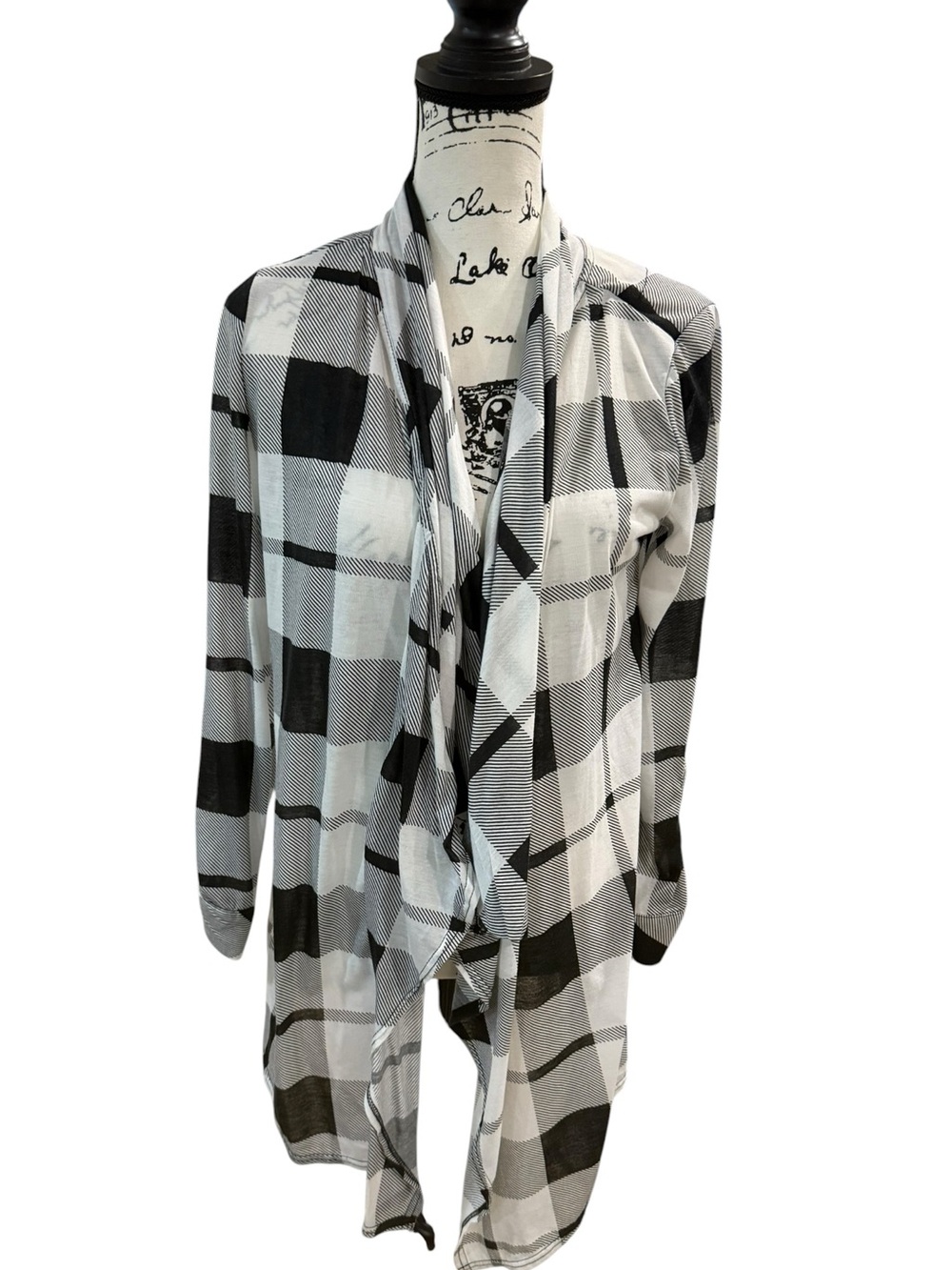 New York Laundry Buffalo Plaid Draped Front Cardigan black/white Size Medium